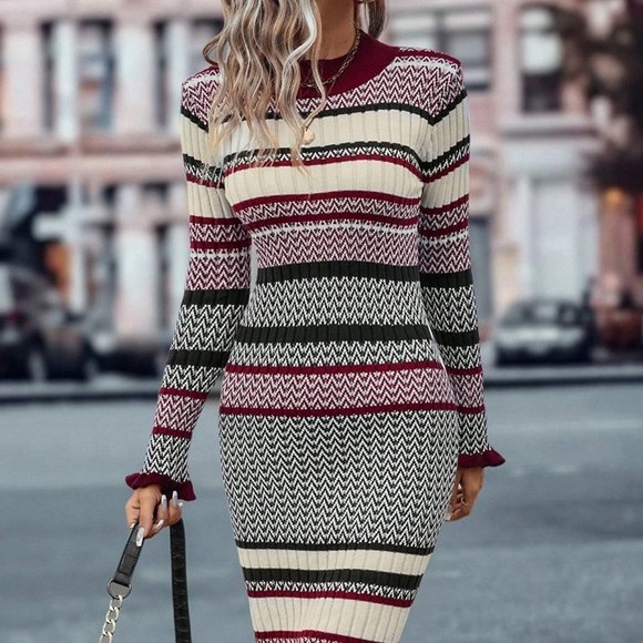 Multicolor Boho Womens Striped Pattern Sweater Bodycon Dress - Picture 2 of 5